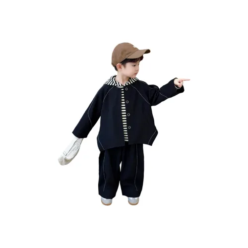 YUGUOGUO Комплект одежды Черное пальто + полосатый свитшот + черные штаны Предшкольная повседневная спортивная одежда