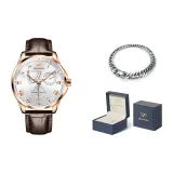 Коричневая кожа, розовый корпус, белый циферблат.