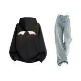 Комплект (Черный топ + Светло-синие штаны)