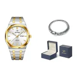 Стальной ремешок с белым циферблатом.