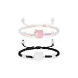 Браслет из чистого серебра S999 - Счастливая кошка, 1 пара (розовый + черный)