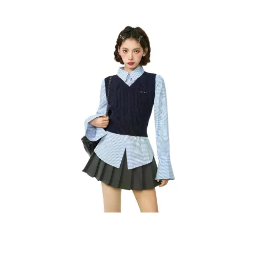 WOWI Темно-синий жилет + синяя рубашка женский трикотаж