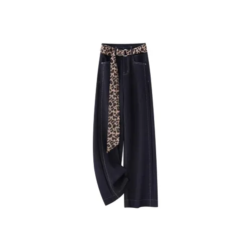 Джинсы с широкими штанинами Женские Весна-Осень 2025 Мода Леопардовый принт Цветовой блок Драпированные Брюки прямого кроя