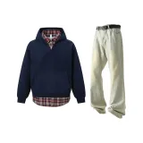 Темно-синий синий свитшот + желтые грязные джинсы с разрезом