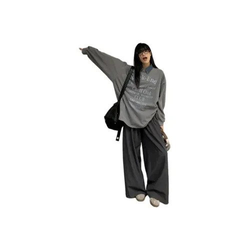 WOWI Серый Длинный Рукав Письмо T+Серый Широкие Брюки+Деним Отложной Воротник Женские Повседневные Костюмы