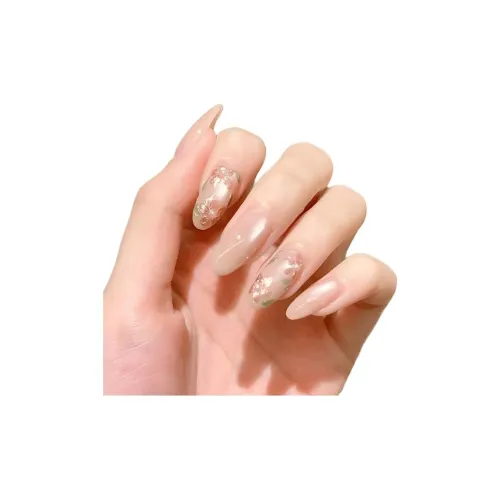 T Z Цветочный Жемчужный Позолоченный Кошачий глаз Handcrafted False Nail MID Длина Миндаль Ледяная прозрачность Телесный Однотонный Flashing