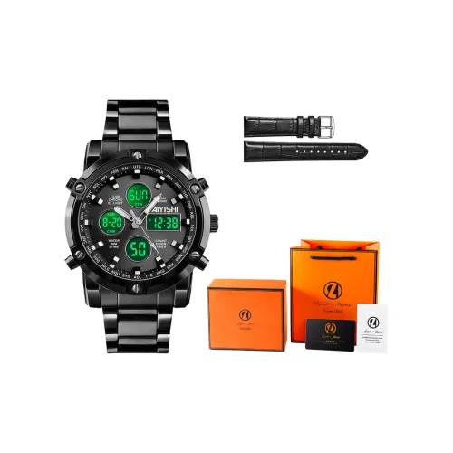 AIYISHI Спортивная серия Кварцевый механизм Ремешок из нержавеющей стали Часы Мужские Черный циферблат