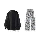 Чёрный топ + серые камуфляжные штаны