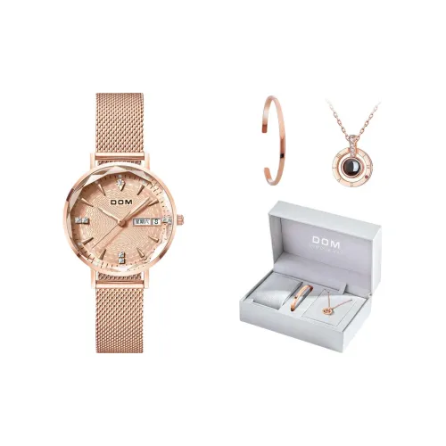 DOM Женские часы в подарочной коробке Кварцевый механизм Стальной ремешок Часы с золотым циферблатом