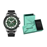 MF0237G Черный корпус, зеленый циферблат, стальной браслет