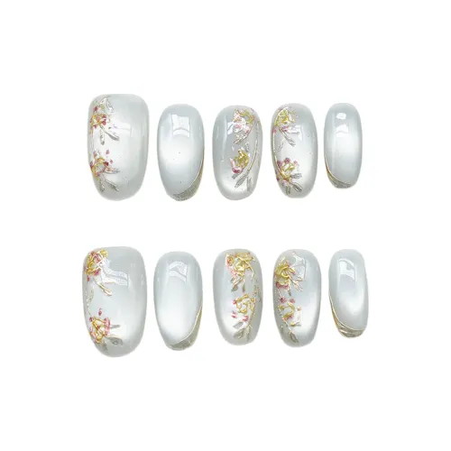 OEING Ручная работа Искусственный Ногтик С вышитой Золотой окантовкой Овал Белый Смужка Матовый