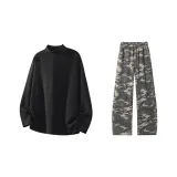 Чёрный топ + зелёные камуфляжные штаны