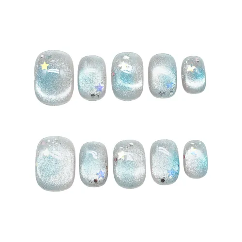 OEING Ручной Frosty Синий False Nail Блестящий розовый Короткий Квадрат And Круглый Синий Смужка Мелкие блестки