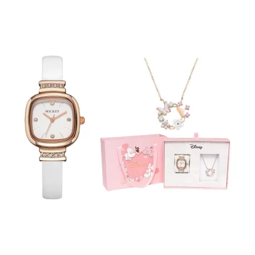 Disney Маленький Квадратный TABLE Кварцевый механизм Кожаный ремешок Часы Женские часы Золотой циферблат