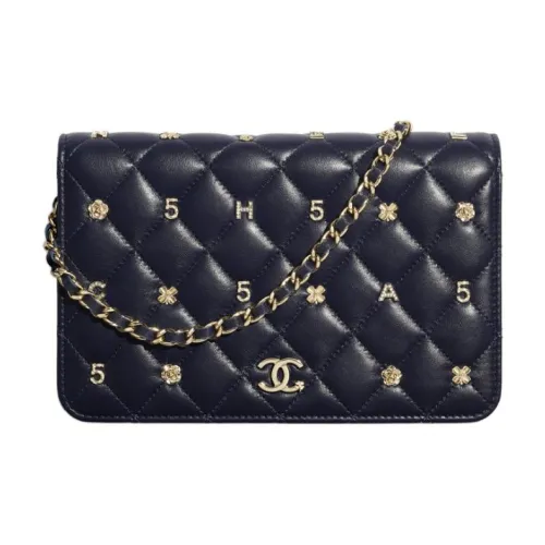 CHANEL Sheepskin Украшение Детали And Золотое Покрытие Металл Кошелек Сумка через плечо Женская Морской Синий