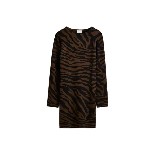 H M Темно-коричневый Зебра с принтом Женские Длинные Платья с длинными рукавами
