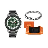 MF0237G Черный корпус, зеленый циферблат, стальной браслет [Кубинский браслет - праздничная коробка комплект]