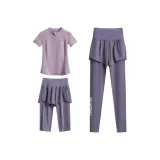 Комплект из 3 предметов (Фиолетовая рубашка с коротким рукавом + Коричнево-фиолетовые штаны)