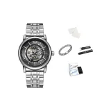 Серебряный корпус с черным циферблатом, стальной браслет, стиль [Ручная надпись поздравительная открытка + натуральный кожаный ремень + кубинский браслет]