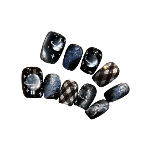 T Z Pure Темно-ночное звездное небо Луна Кошачий глаз Полуручная искусственная ногтевая пластина Короткий Черный Однотонный Стиль Instagram
