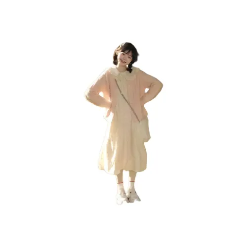 Dippanis Розовый Кардиган + Цветочное Платье Женские Комплекты с Юбкой