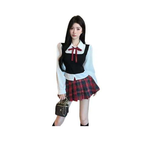 SNZX Одежда Комплект Mock Двухкомпонентный Топ с Галстуком-бабочкой + Красная Клетчатая Юбка Женская Униформа