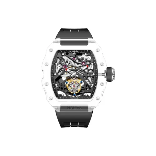 HaofaTourbillon Автоматический Механический Механизм Резиновый Ремешок Часы Мужские Белый Циферблат