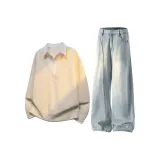 Абрикосовый свитшот + светло-синие джинсы