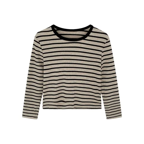 SNZX Черный Абрикос Полосы Длинный Рукав Т-Рубашка Женская Т-Рубашка