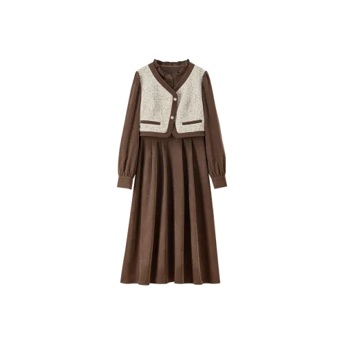 SENTUBILA Коричневый Женские Длинные Платья с Длинными Рукавами
