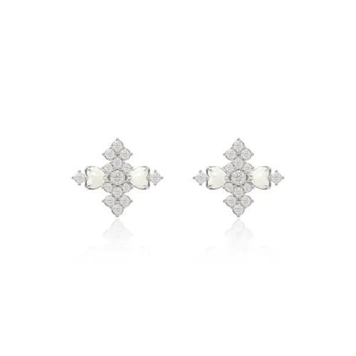 SUN HUNTER Белое золото с покрытием медь + белый перламутр + циркон + серьги-гвоздики из серебра S925 женские