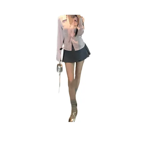 Dippanis Розовая Рубашка + Серые Шорты-юбка с Ремнем Женские Комплекты Юбка