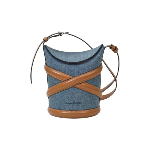 Alexander McQueen THE CURVE BAG Хлопок Телячья кожа Ведрообразная сумка Сумка через плечо Женская Синий Коричневый