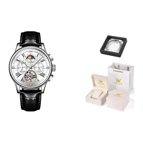 OLEVS Механические часы с кожаным ремешком белый циферблат мужские часы