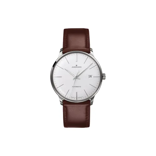 JUNGHANS Автоматический Механический Часы Мужские Циферблат Белый Корпус из Нержавеющей Стали Ремешок из Натуральной Кожи