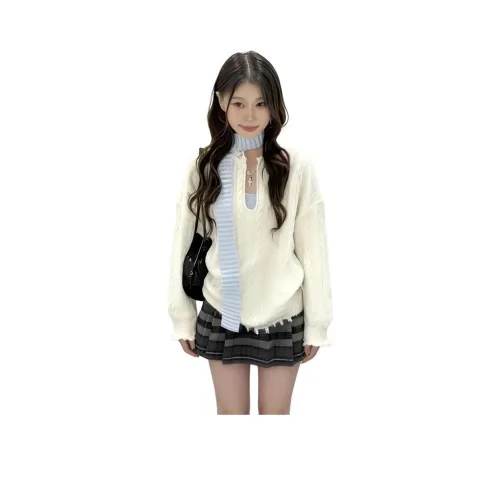 Dippanis Экрю Свитер + Синий Полосатый Шарф Женские Трикотаж