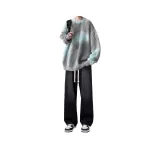 Свитер синий + белая длинная рукавная рубашка + черные джинсы