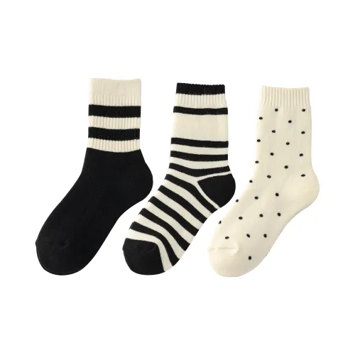 YINGLAISHI 3 пачки Черный подошва Белый Полосы + Белый Подкладочная ткань Черный Полосы + Белый Подкладочная ткань Точки Женские MID Носки до икры