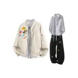 Бежевый абрикос + черно-белые полосы + черные тренировочные штаны