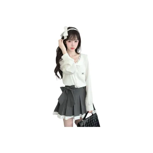 Dippanis Белый топ + Серый короткий топ + Бант Женские юбочные комплекты