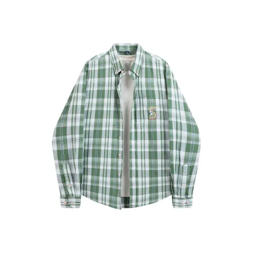 SNOOPY Мягкий Зеленый Клетчатый Унисекс Рубашки