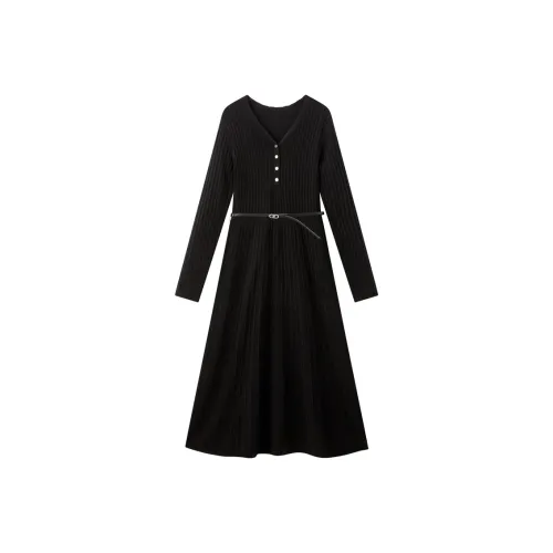 PEACEBIRD Черное Женское Длинное Платье с Длинными Рукавами