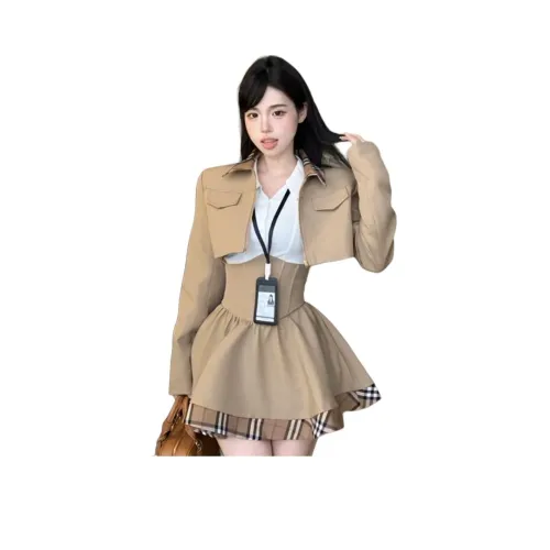 Dippanis Хаки Пальто + Белая Рубашка + Юбка Женские Комплекты с Юбкой