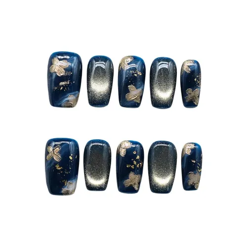 OEING Золотая фольга Глубокий морской синий Кошачий глаз Премиум Feel False Nail Короткий LADDER Темно-синий Смудж Матовый