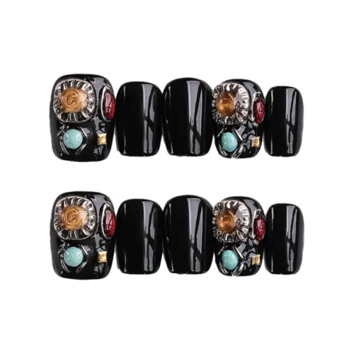 QUEENYARD Королева Yard Noble Драгоценный камень Inlay Cool Wind Nail Art 2025 Premium Искусственные ногти Short LADDER Black Jump Color