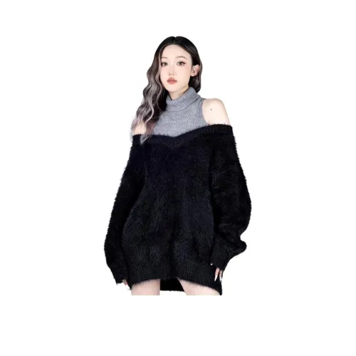 Dippanis Черный Свитер + Светло-Серый Юбка Без ремня Женские Комплекты с Юбкой