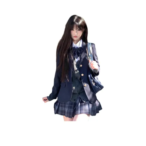 Dippanis Темно-синий костюм + Белая длинная рукавка + Темно-серый кардиган + Галстуки-бабочки + Клетчатая юбка Женские комплекты с юбкой