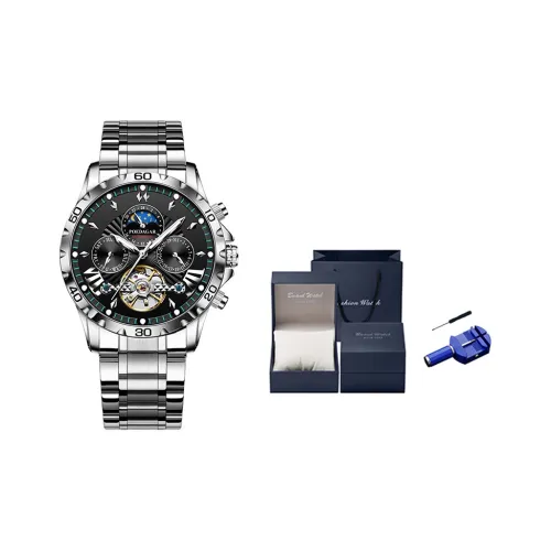 POEDAGAR Автоматический Механический Механизм Нержавеющая Сталь Ремешок Часы Мужские Черный Циферблат