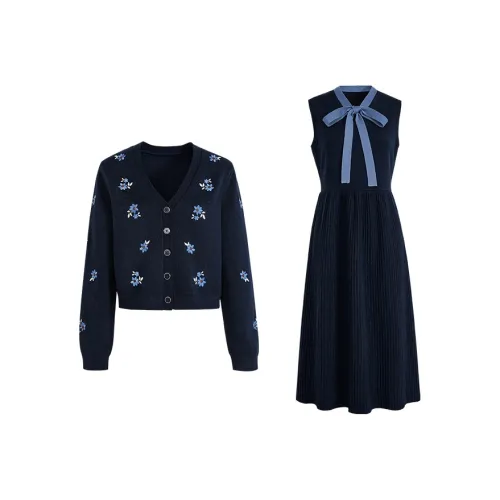 KUOSE Темно-синий Синий Платье 9014 + Темно-синий Синий Свитер 9054 Женские Повседневные Костюмы