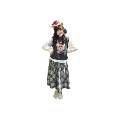 Dippanis Серый Жилет + Абрикосовая Рубашка + Клетчатая Юбка Женские Юбочные Комплекты